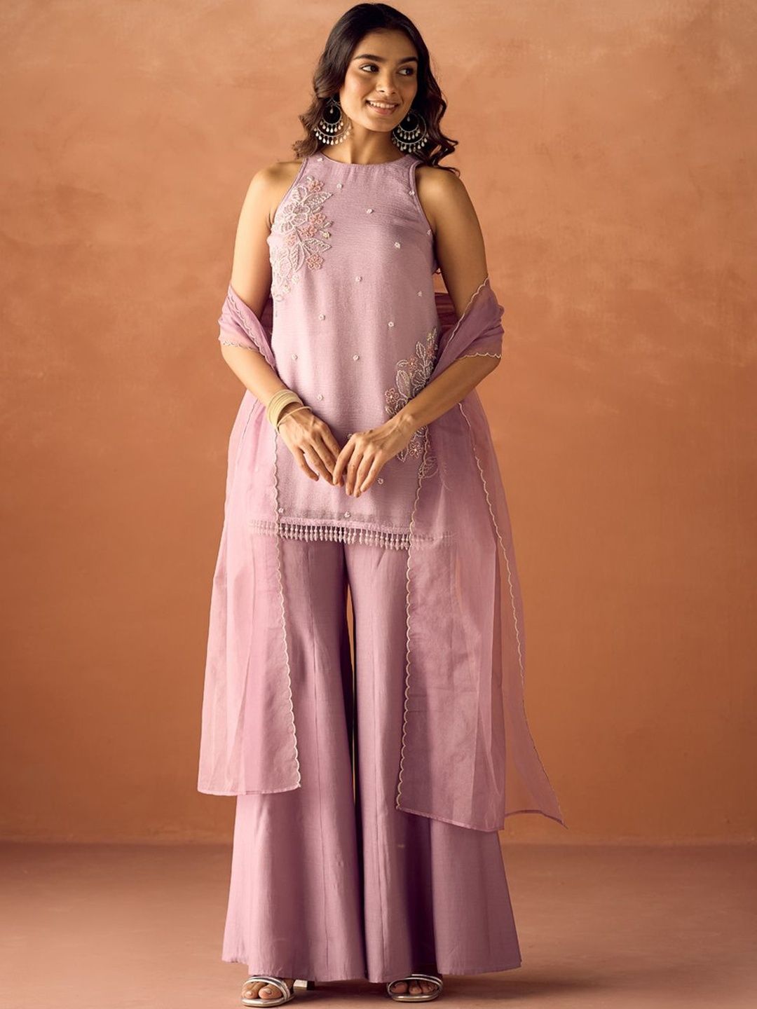 FIORRA Women Lavender Crush Ethnic Motifs Embroidered Organza Kurta Set with Dupatta