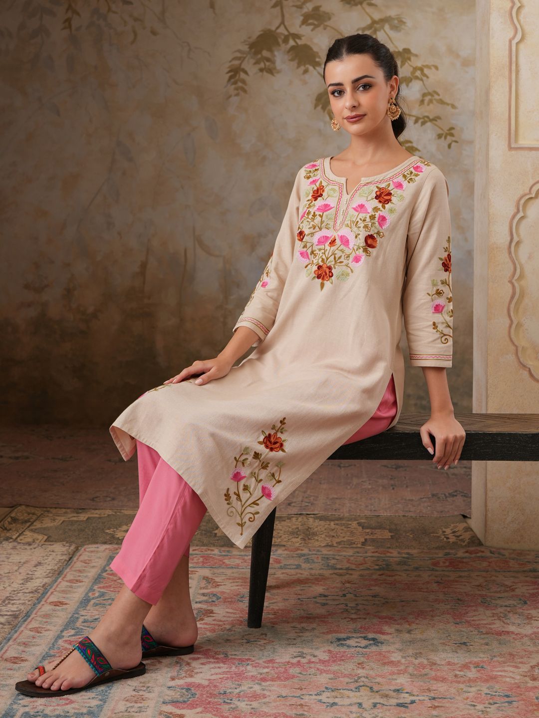 QAZMI QAZMI Women Aari Work Linen Cotton Pearls Embellished Keyhole Neck Straight Kurta