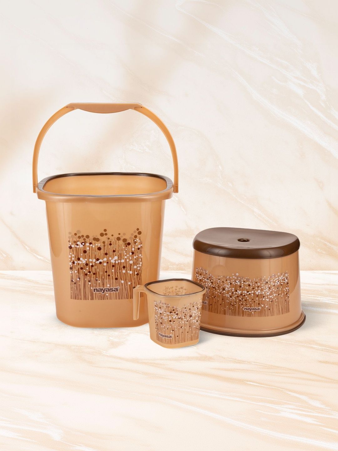 nayasa NayasaSet Of 3 Square Ring Funk Brown Plastic Bucket Mug and Stool Bathroom Set 18Ltr-picture-33