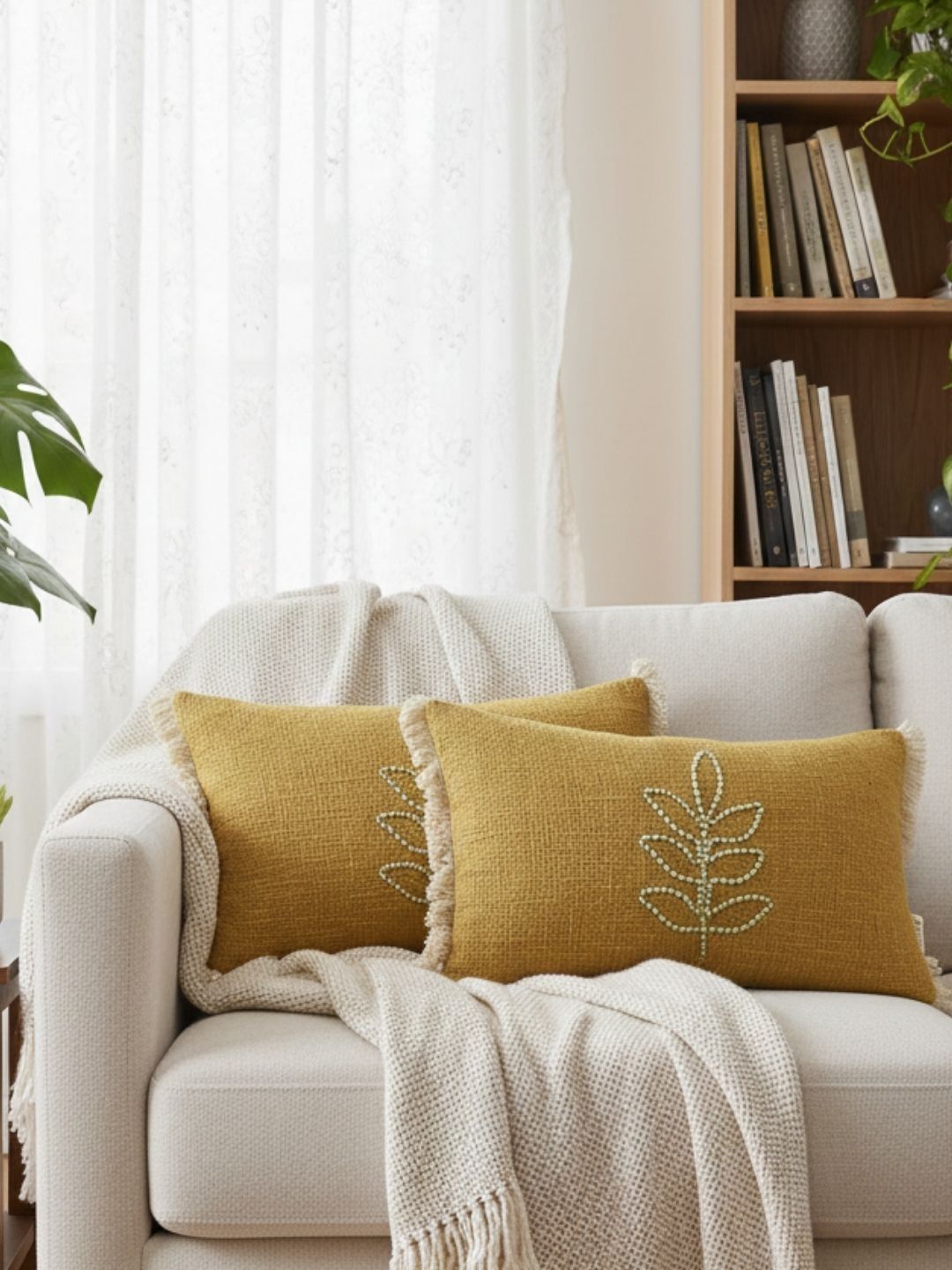 ANWYN Mustard & Cream-Coloured Set of 2 Embroidered Rectangle Cushion Covers-image-11