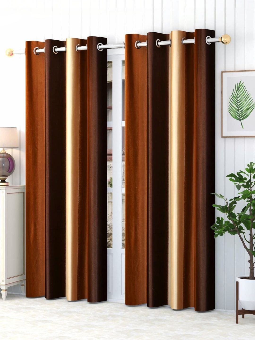 Yarnis Coffee Brown Set of 2 Colourblocked Window Curtain-picture-13