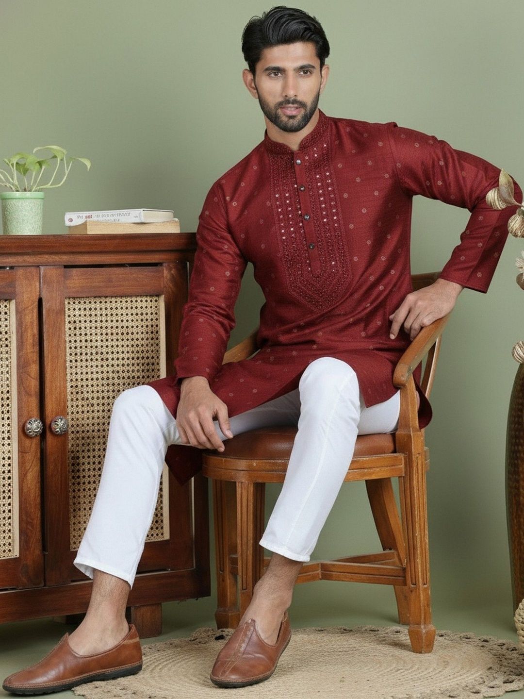 HERE&NOW Men Embellished Mirror Work Handloom Kurta-picture-11