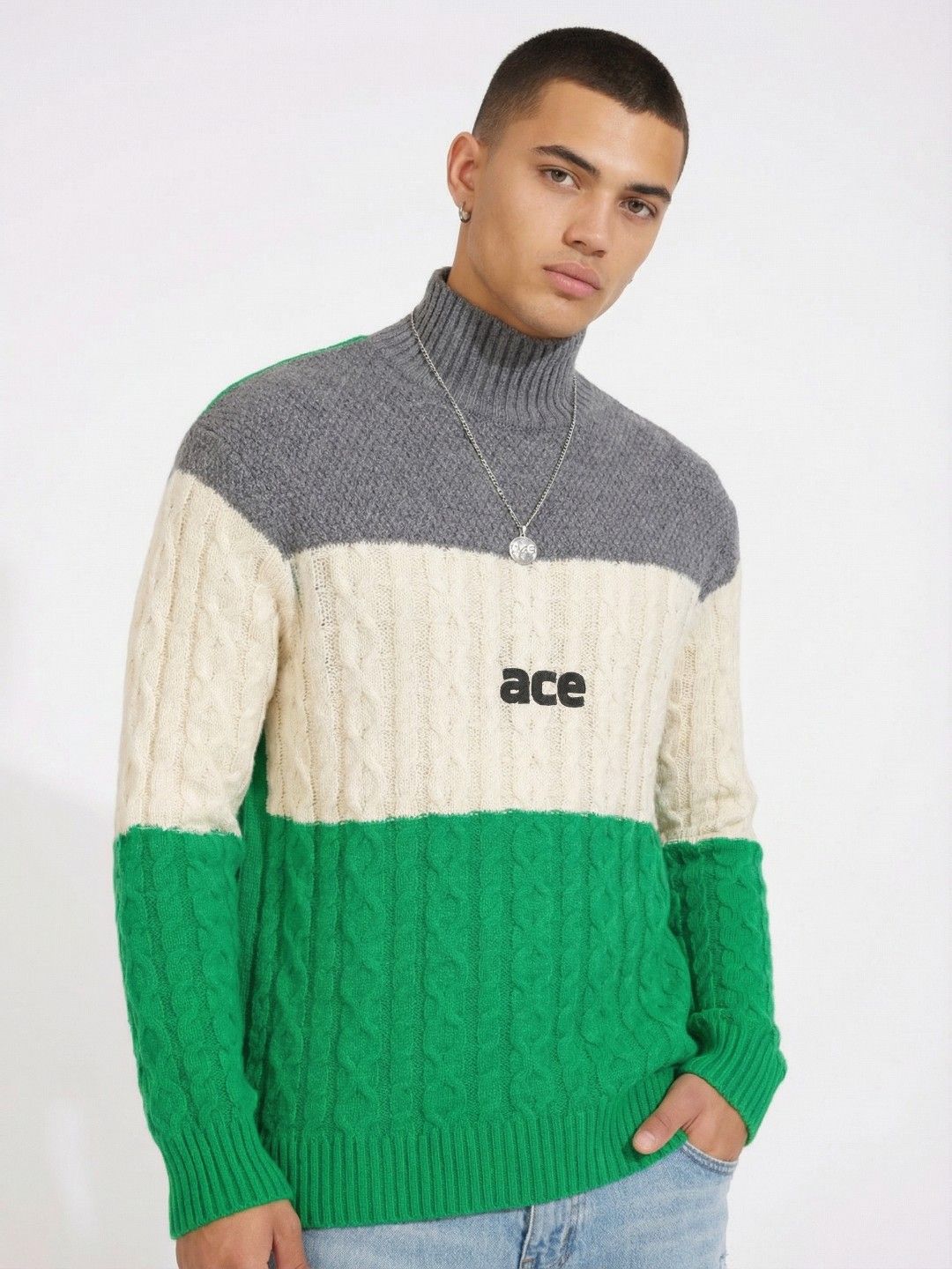 glitchez Typography Cable Knit Colourblocked High Neck Relaxed Fit Pullover-picture-16