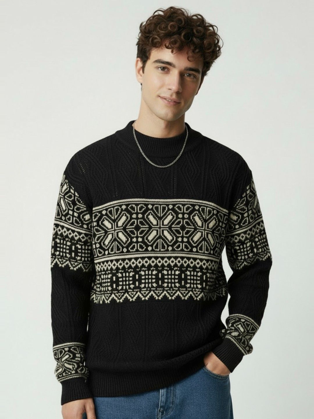 glitchez Geometric Self Design High Neck Relaxed Fit Pullover-picture-24
