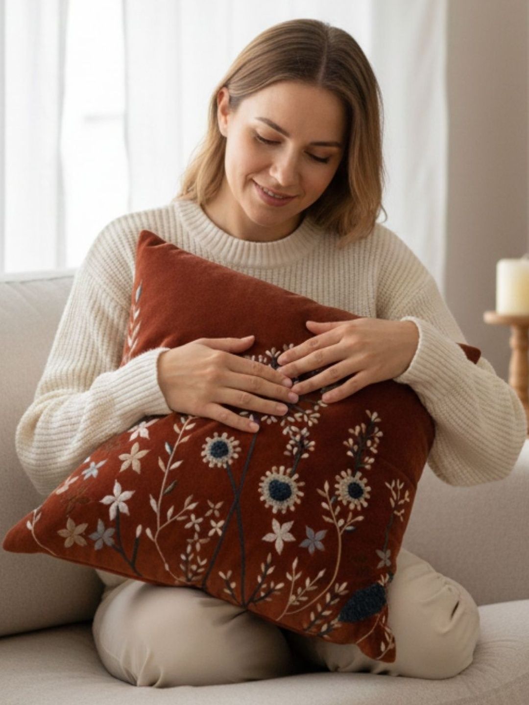 ANWYN Rust & Multicoloured Embroidered Velvet Square Cushion Covers-picture-13