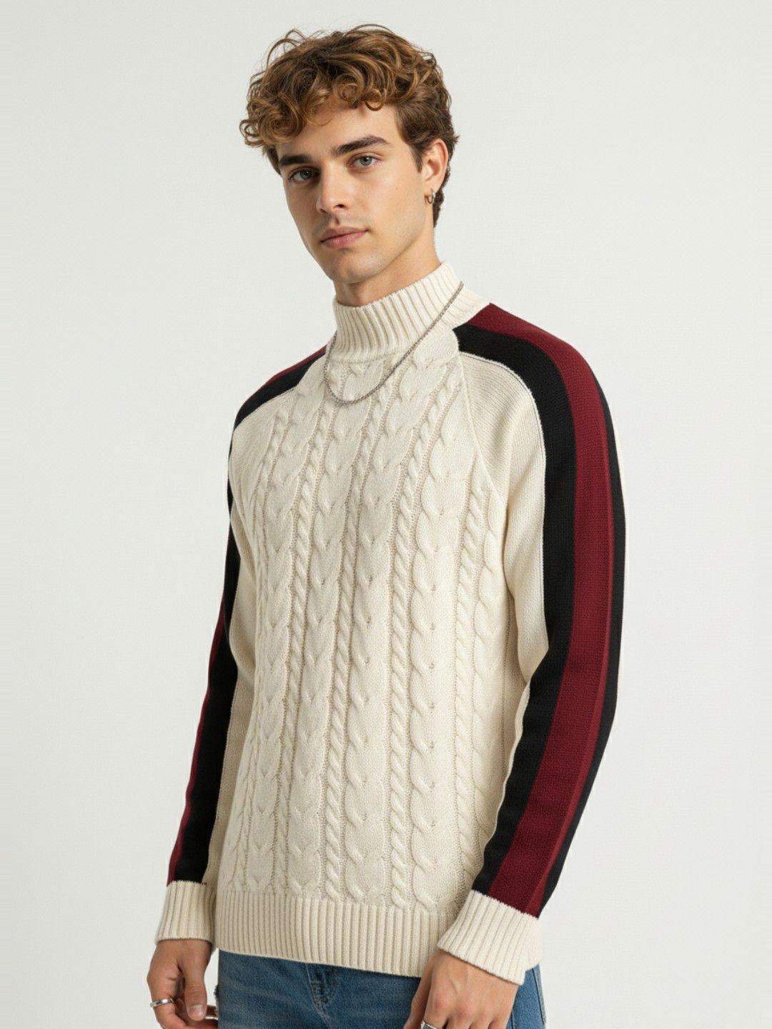 glitchez Cable Knit High Neck Relaxed Fit Pullover-image-31