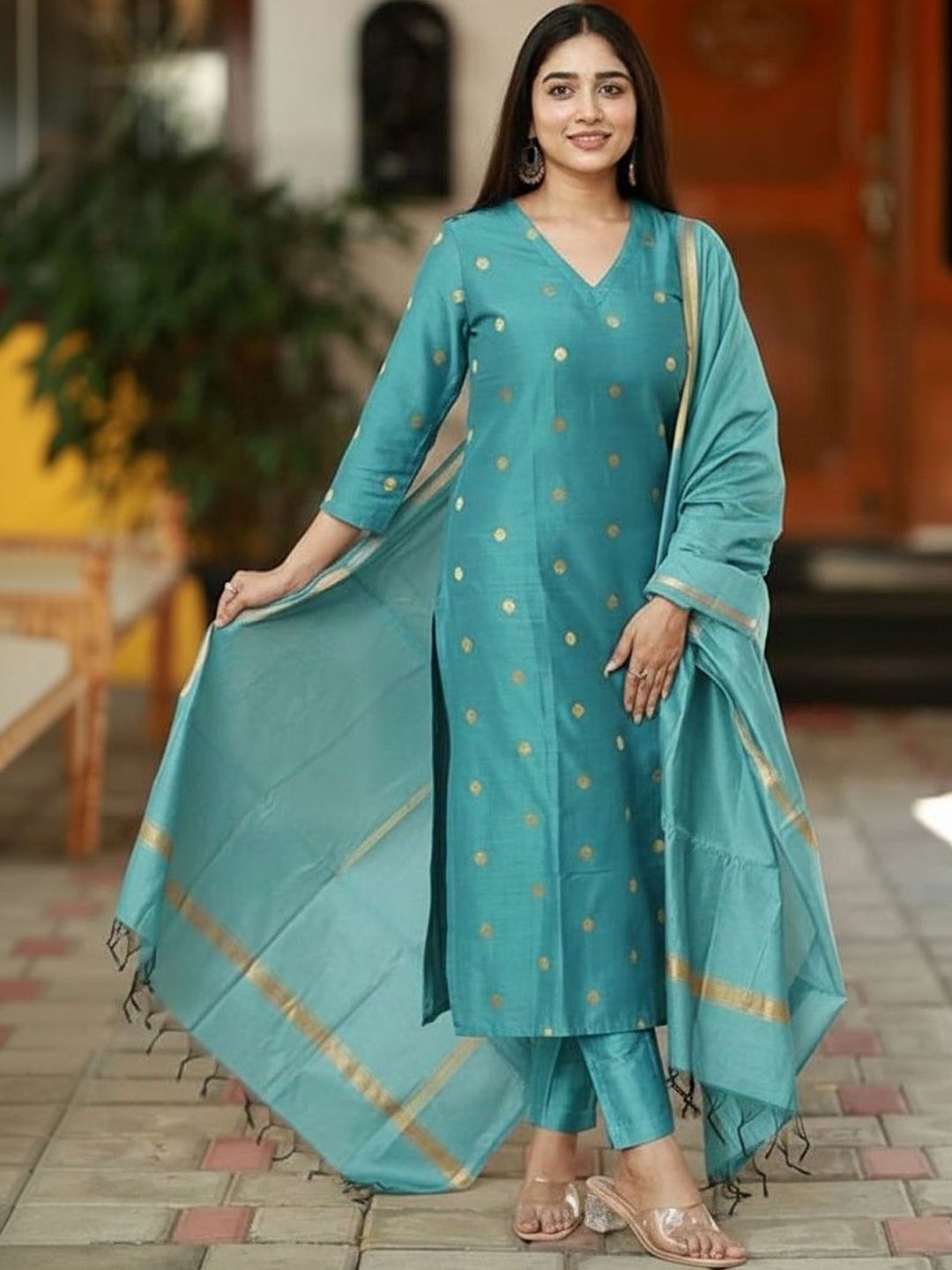 GoSriKi Women Ethnic Motifs Regular Kurta with Trousers & With Dupatta-picture-13