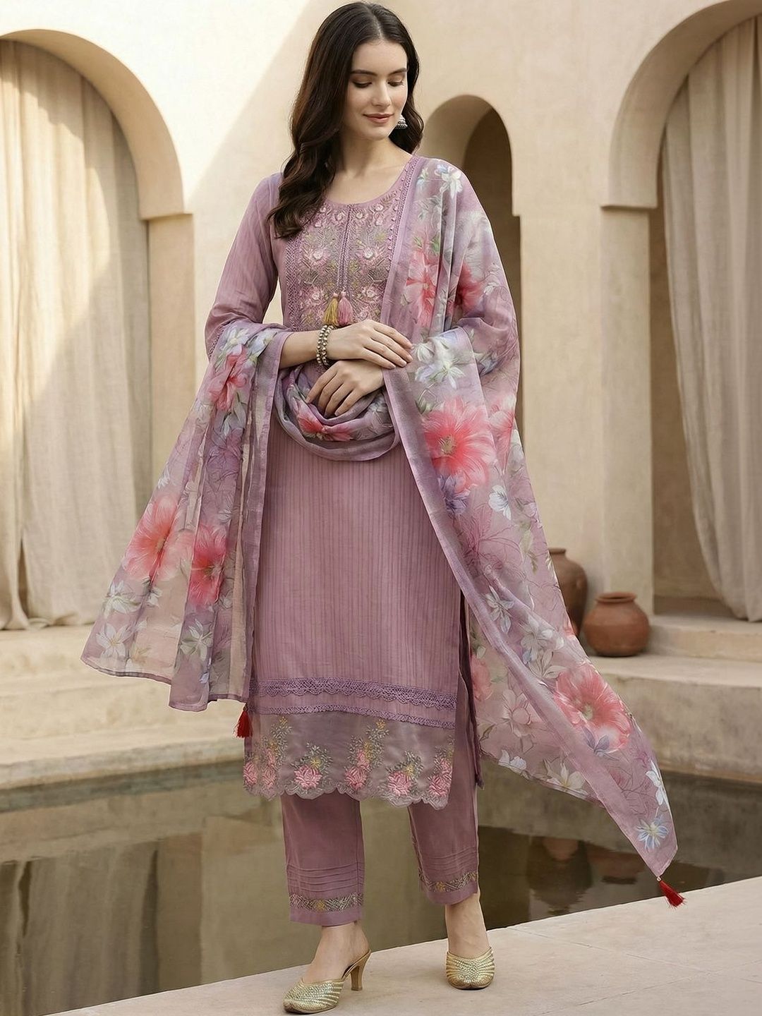 Indo Era Women Floral Embroidered Regular Thread Work Linen Kurta with Trousers & With Dupatta-picture-18