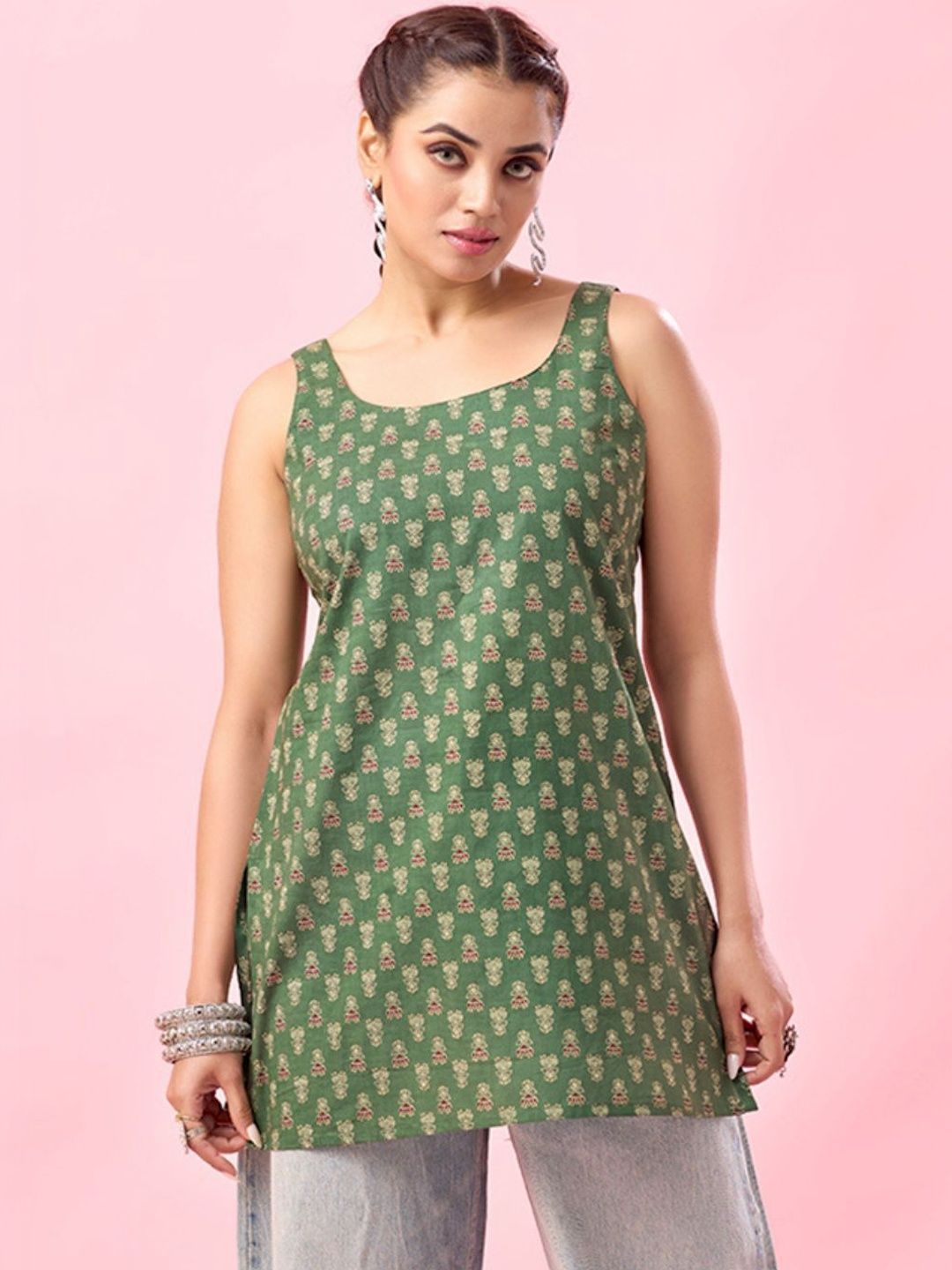 KALINI Ethnic Motifs Printed Boat Neck Pure Cotton Kurti-picture-31