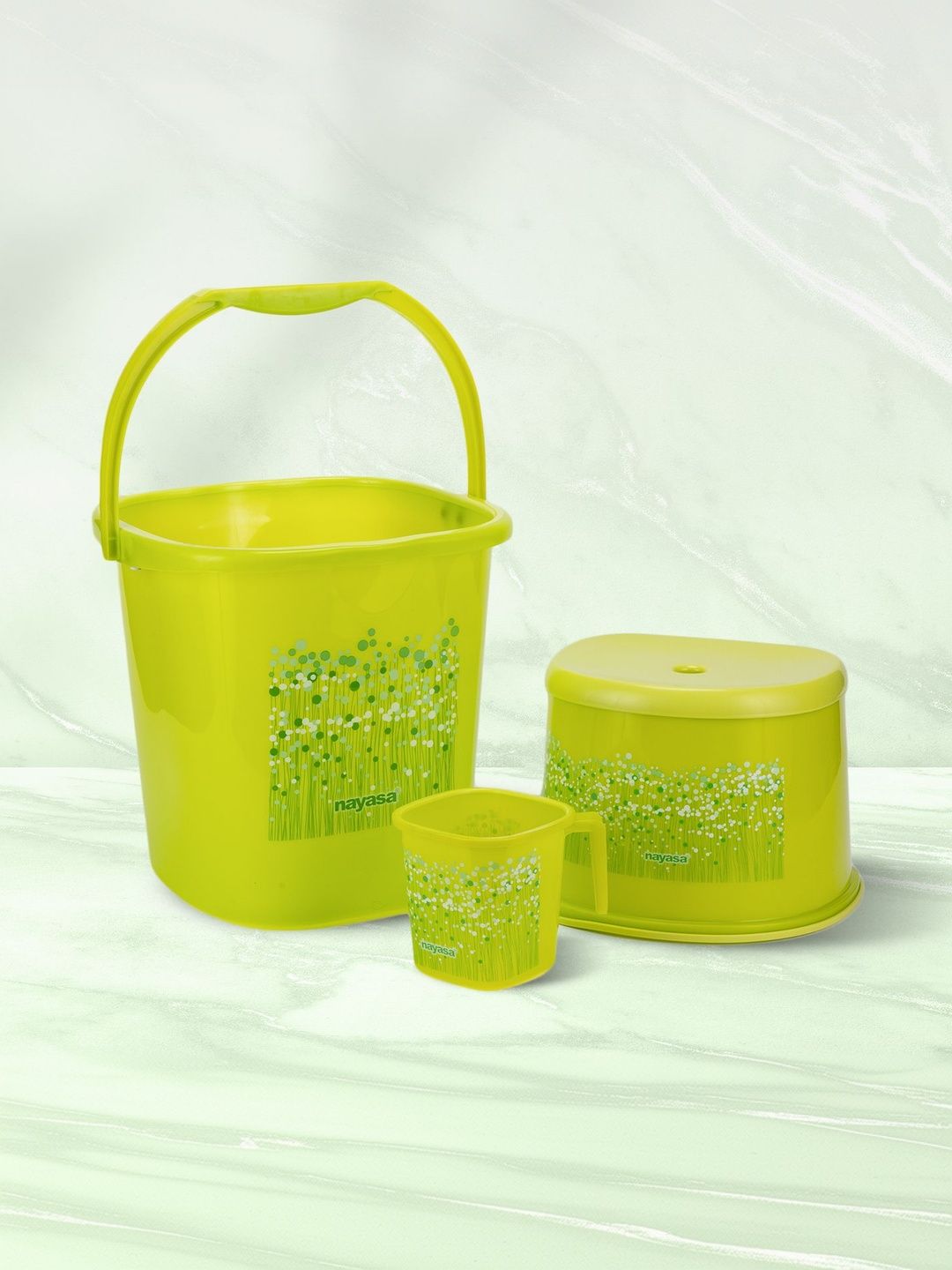 NayasaSet Of 3 Square Ring Funk Green Plastic Bucket Mug and Stool Bathroom Set 18Ltr-image-30