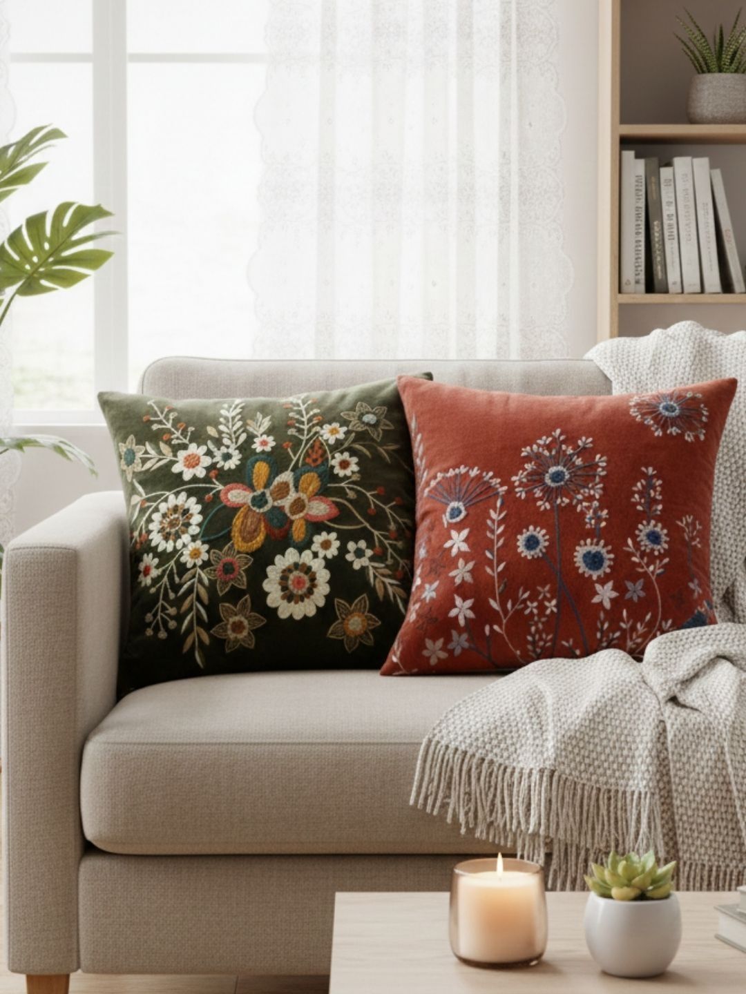 ANWYN Olive Green & Rust Set of 2 Embroidered Velvet Square Cushion Covers-picture-20