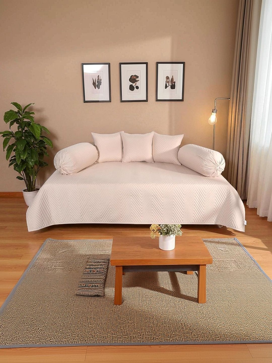RD TREND 6Pcs Beige Self Design Microfiber Diwan Set-image-36