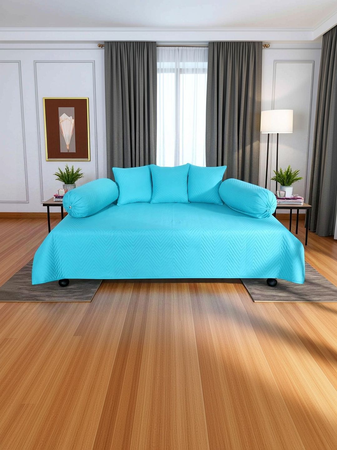 RD TREND 6Pcs Blue Self Design Microfiber Diwan Set-image-29