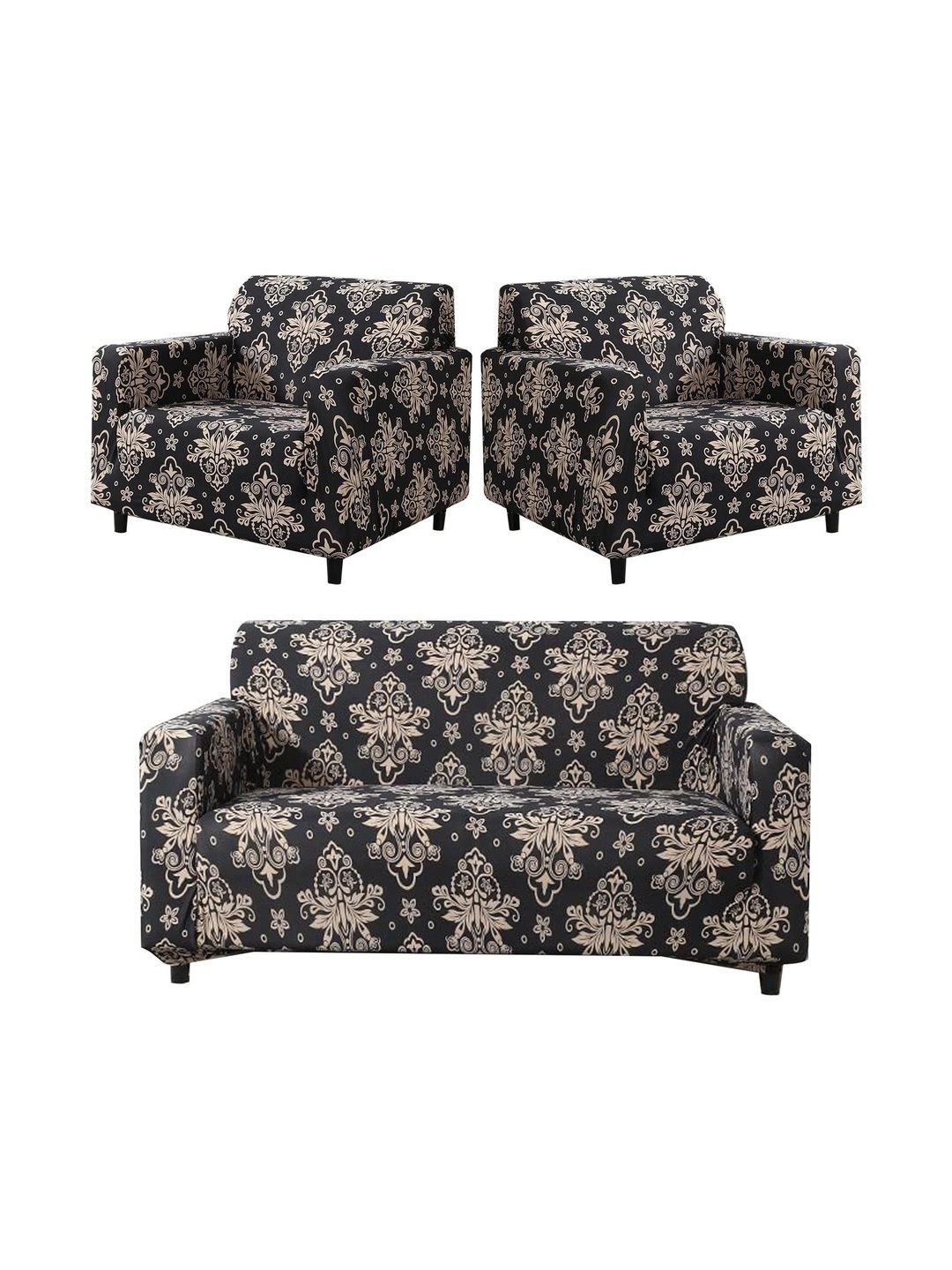 BBESTILO Black & Black Printed Polyester 3 Piece Sofa Cover With Arms-picture-32