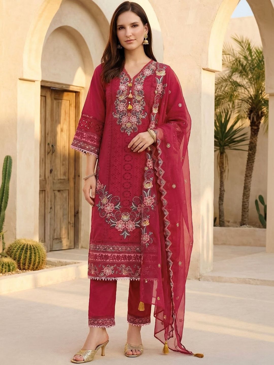 Indo Era Women Floral Embroidered Regular Thread Work Kurta with Trousers & With Dupatta-picture-15