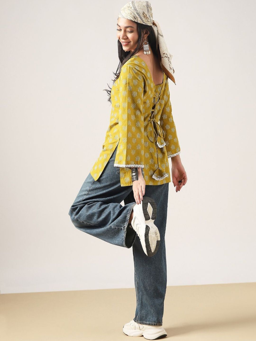 BKApparels Ethnic Motifs Printed V-Neck Pure Cotton Kurti