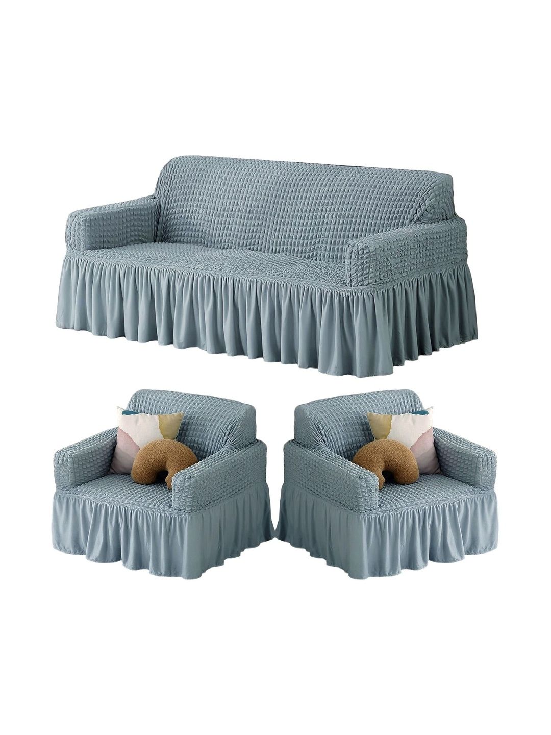 BBESTILO Grey & Grey Polyester 3 Piece Sofa Cover With Arms