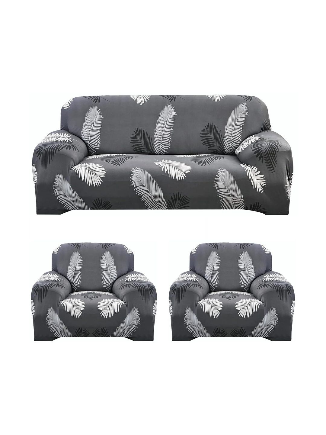 BBESTILO Grey & Grey Printed Polyester 3 Piece Sofa Cover With Arms-picture-14