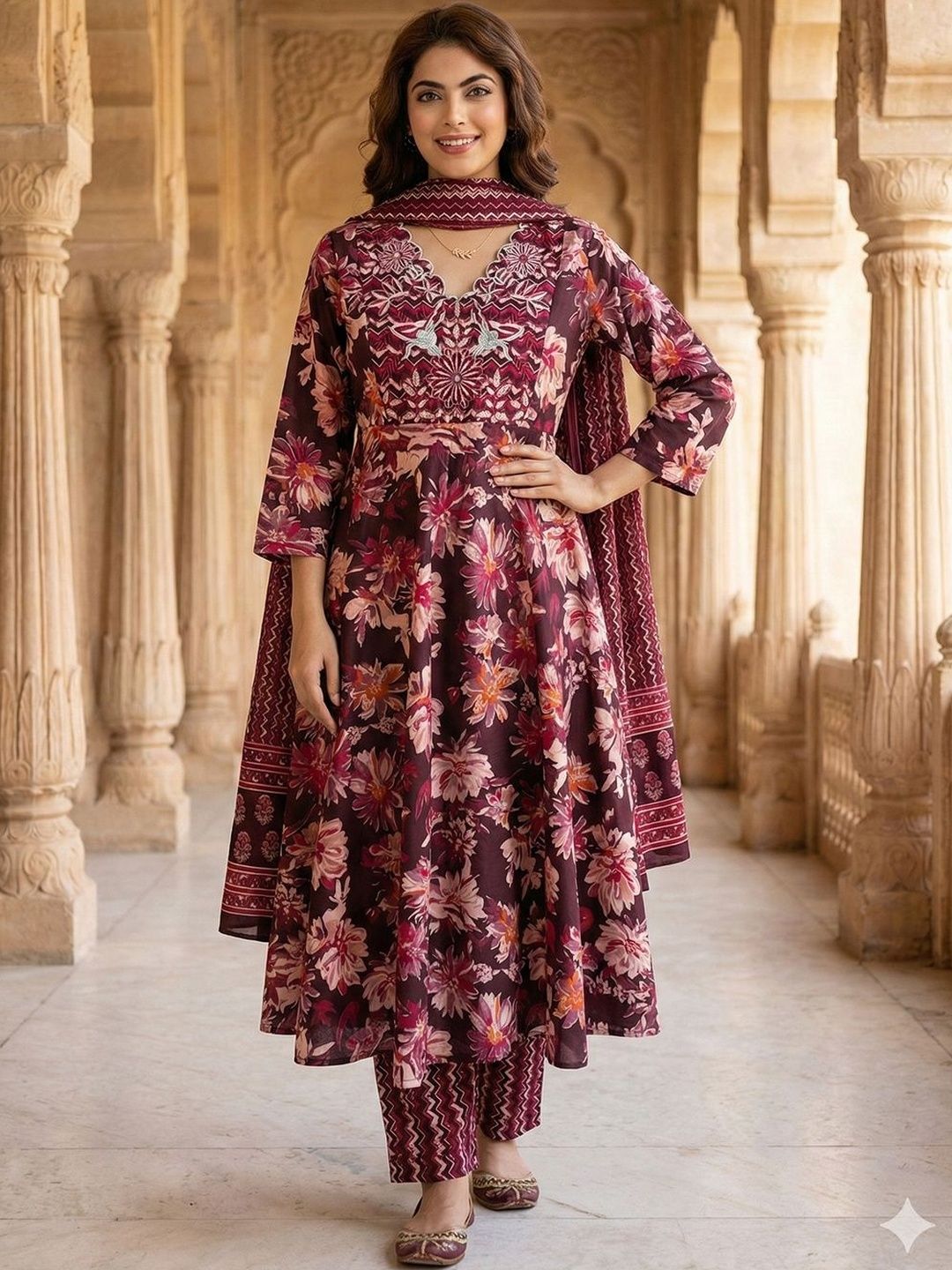 Anouk Women Floral Embroidered Regular Thread Work Pure Cotton Kurta with Trousers & With Dupatta-picture-22