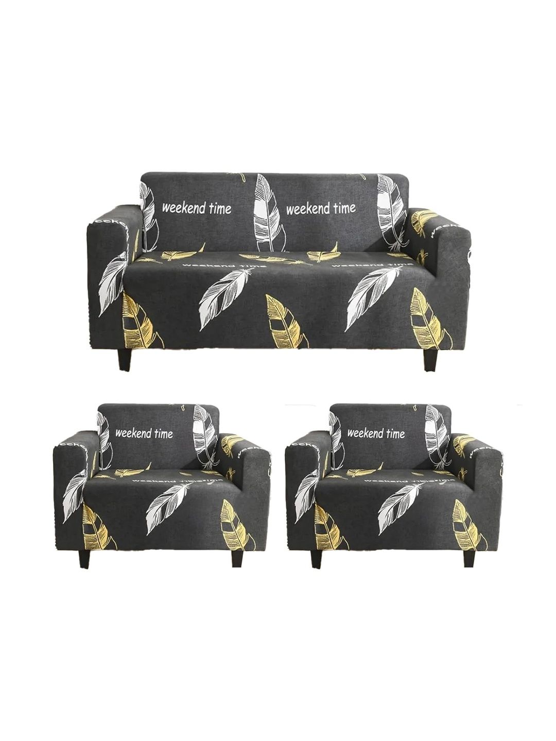 BBESTILO Black & Charcoal Printed Polyester 3 Piece Sofa Cover With Arms-picture-43