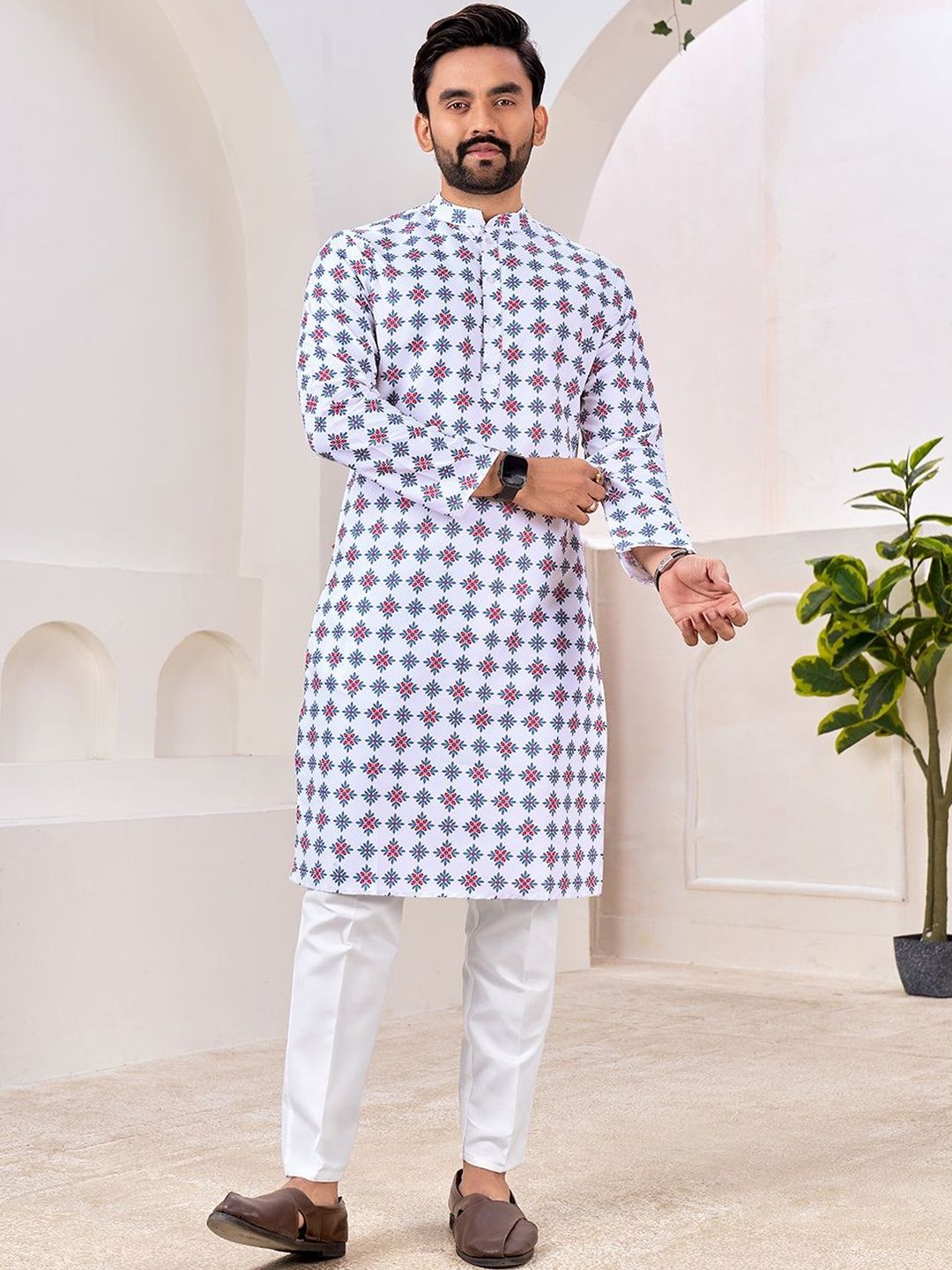 House of Pataudi Printed Pure Cotton Mandarin Collar Knee Length Straight Kurta-picture-35