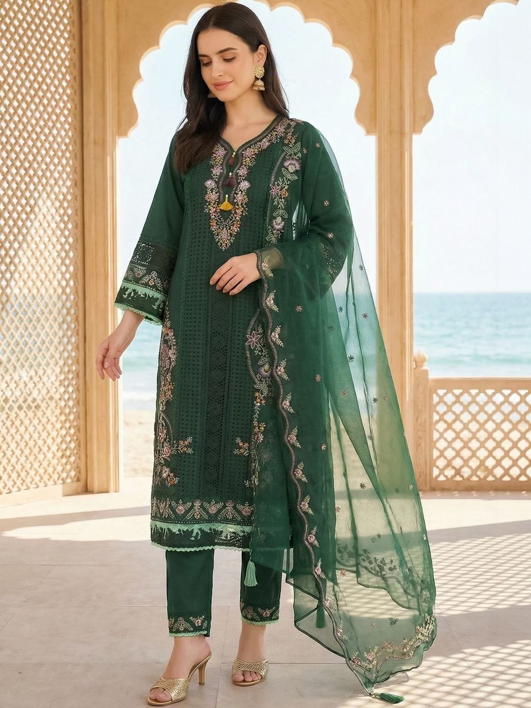Indo Era Women Ethnic Motifs Embroidered Regular Thread Work Kurta with Trousers & With Dupatta-picture-20