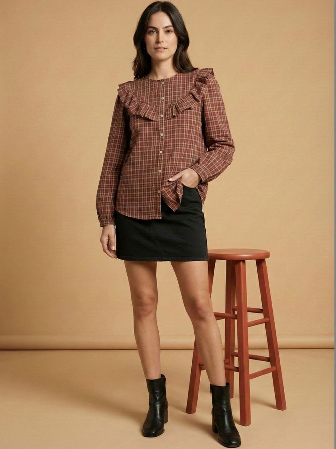CORSICA Checked Ruffles Cotton Top-picture-30