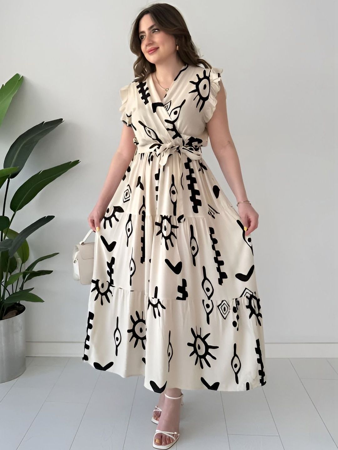 LookShine Print Flutter Sleeve Maxi Dress