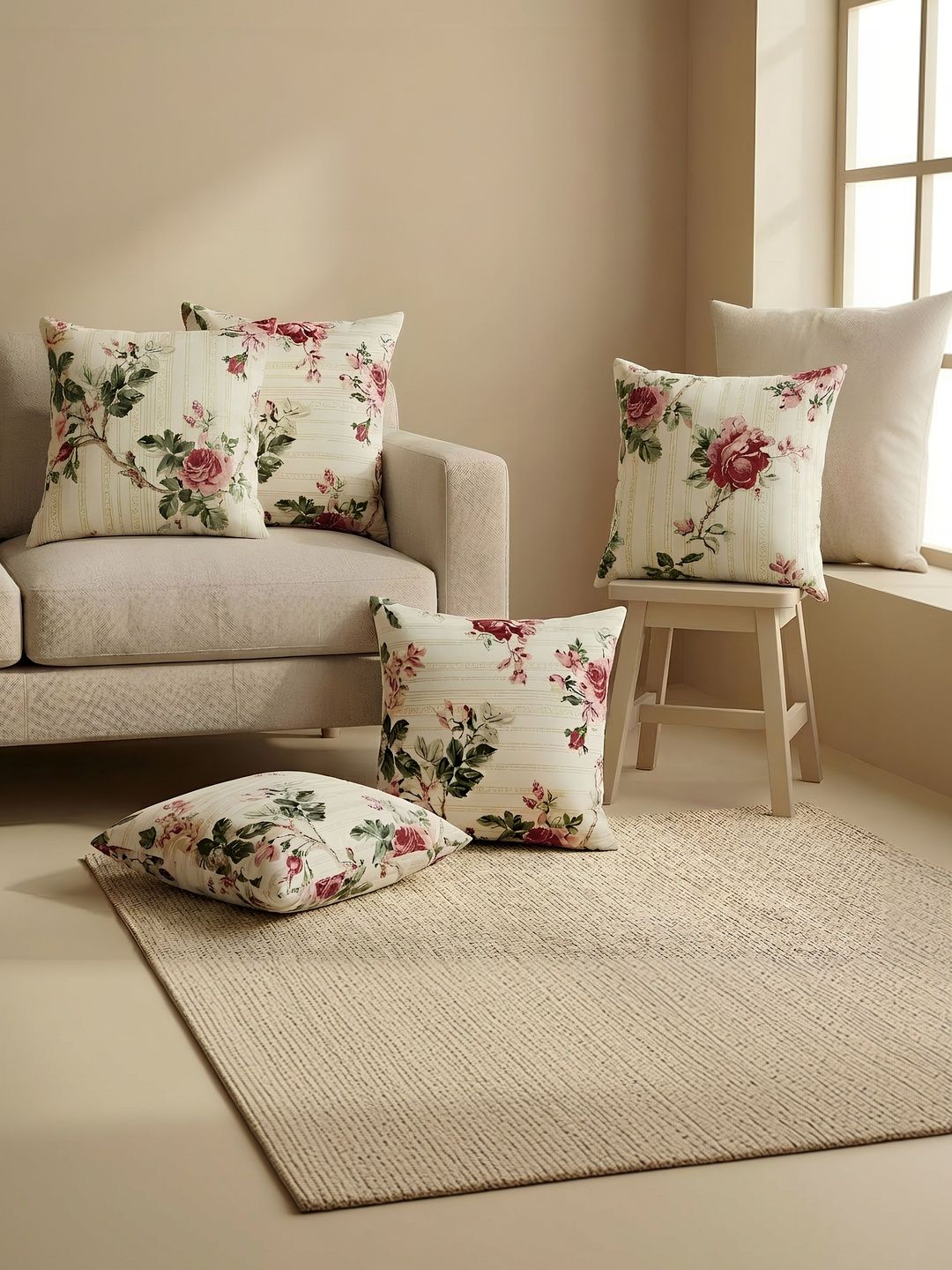 Clasiko Off White & Red Set of 5 Floral Square Cushion Covers-picture-40