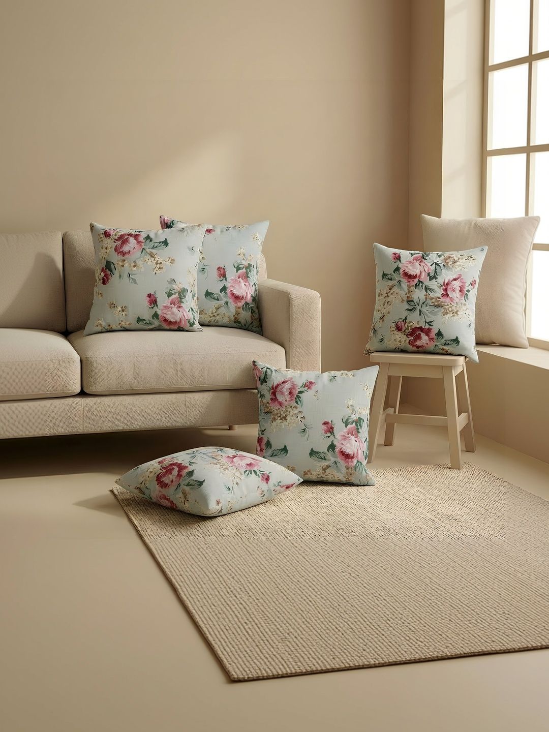 Clasiko Green & Pink Set of 5 Floral Square Cushion Covers-picture-7