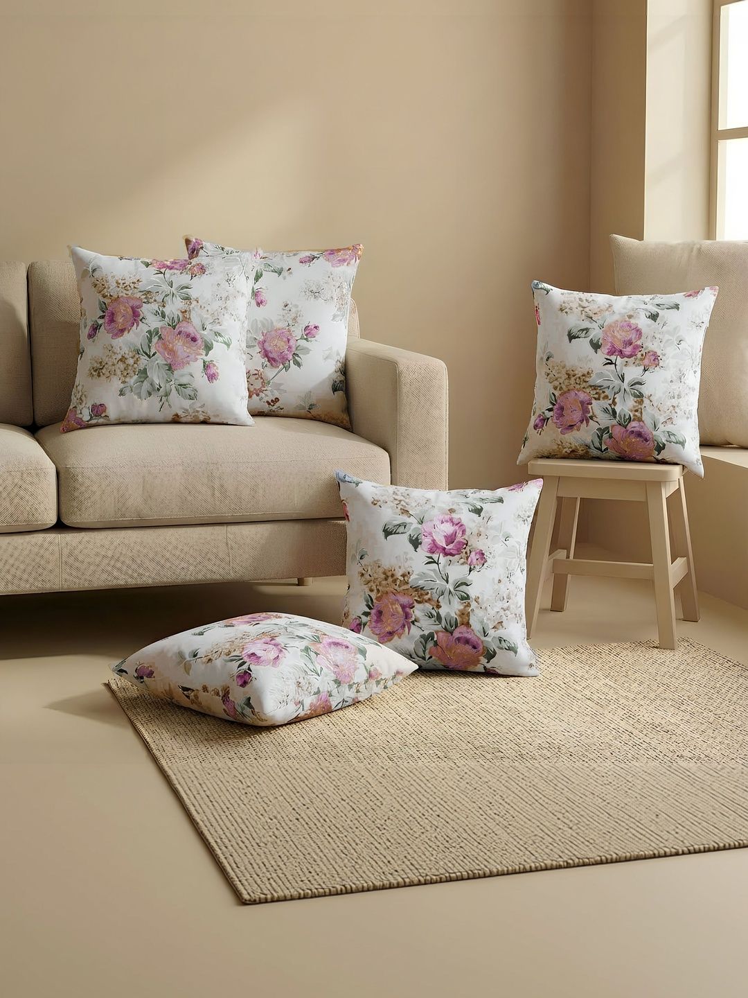 Clasiko White & Multicoloured Set of 5 Floral Square Cushion Covers-picture-19