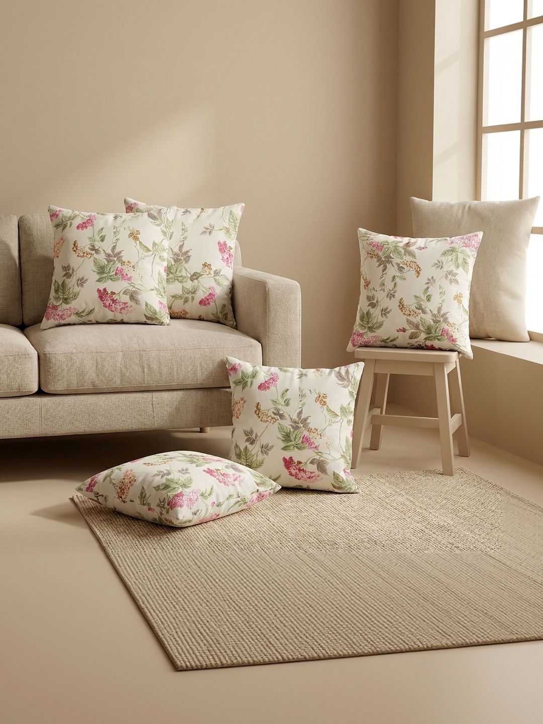Clasiko Off White & Multicoloured Set of 5 Floral Square Cushion Covers-picture-40
