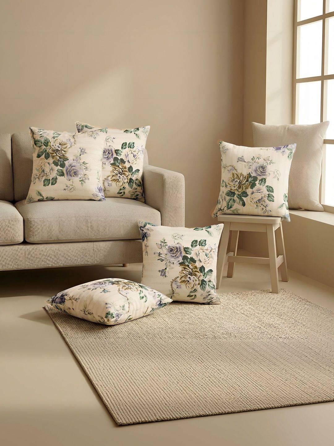 Clasiko Off White & Blue Set of 5 Floral Square Cushion Covers-image-42
