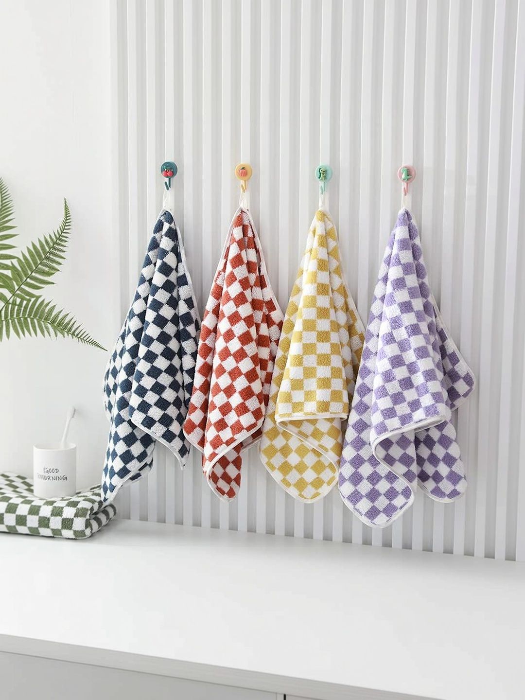 HomeCloud Yellow & Red Checked Pure Cotton 4-Pcs Hand Towels-picture-29