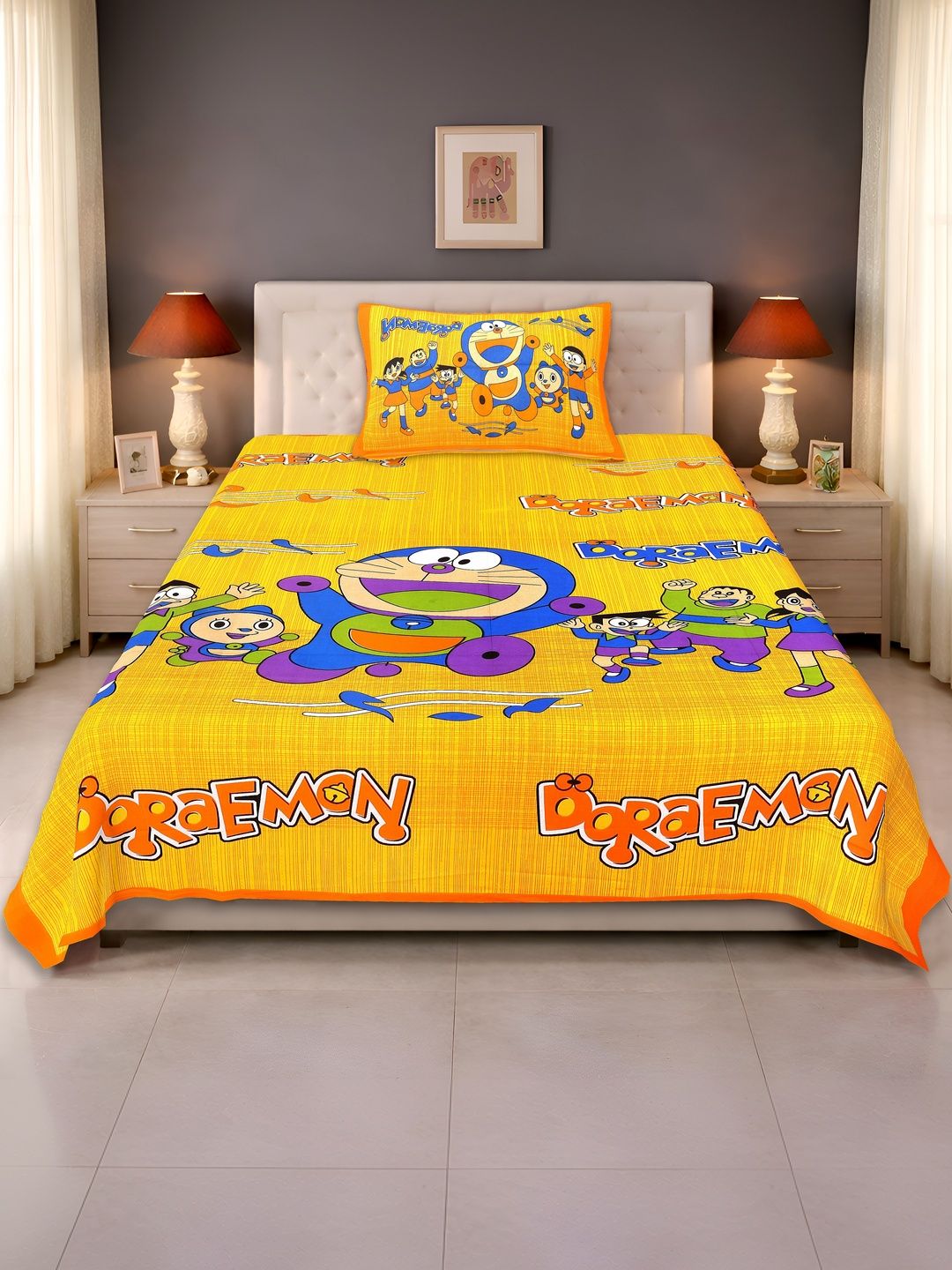 MAGICAL Yellow Cartoon Characters 144 TC Single Bedsheet with 1 Pillow Covers-picture-26