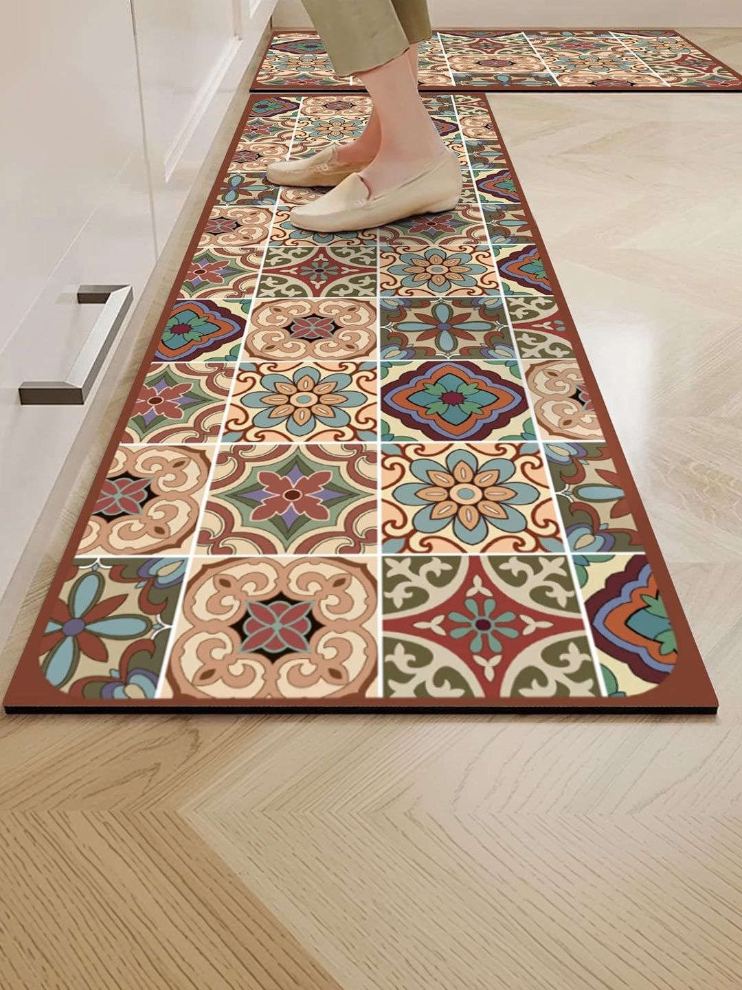 Yellow Weaves Beige & Brown Printed Rubber Anti-Slip 2-Pcs Kitchen Mats-image-40