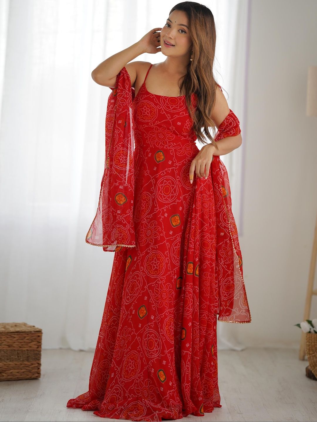 SAJAVAT ETHENIC WEAR Women Bandhani Printed Panelled Silk Chiffon Kurta with Palazzos & With Dupatta