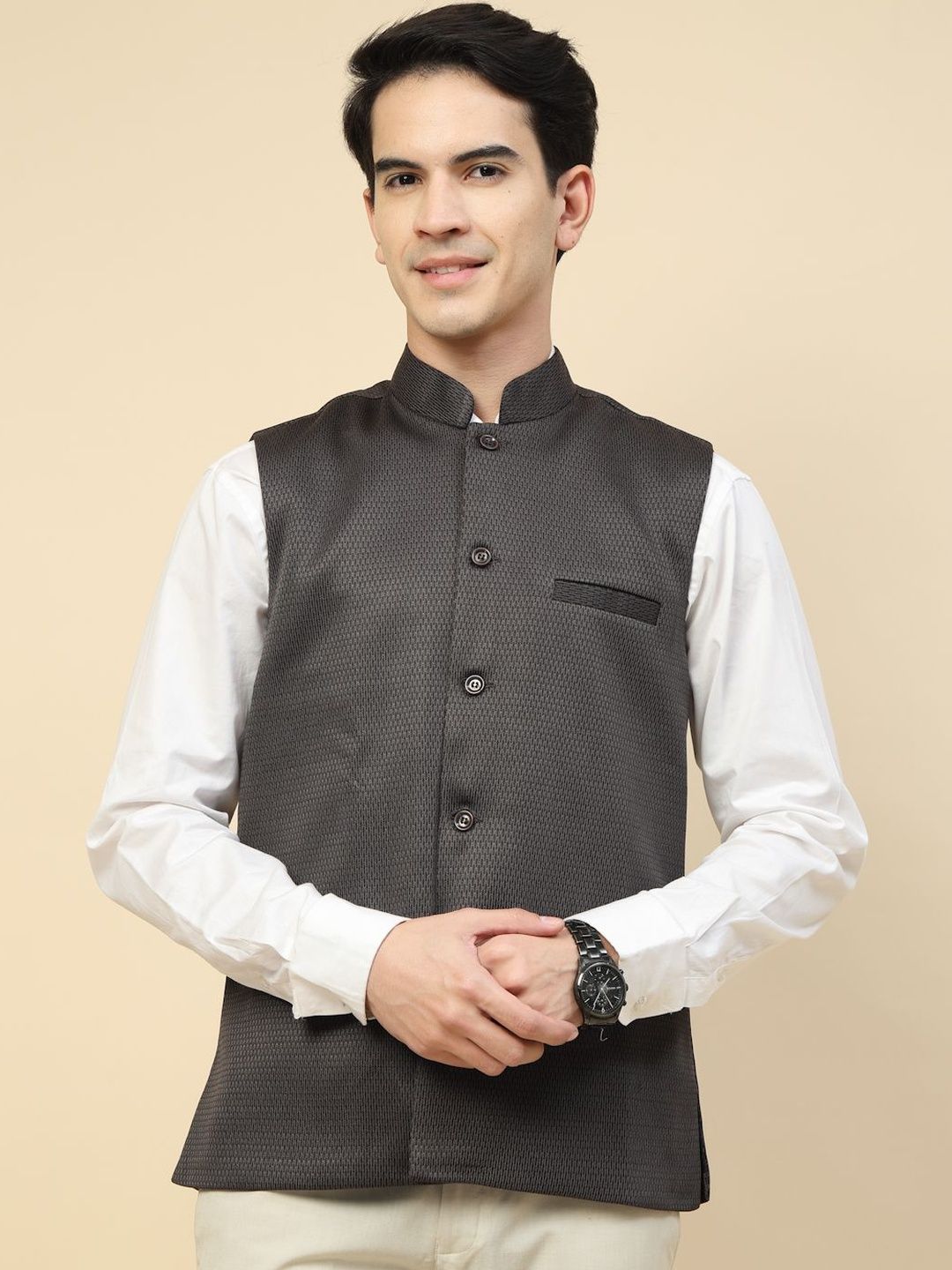 KLOTTHE Woven Design Mandarin Collar Neck Nehru Jacket-image-30