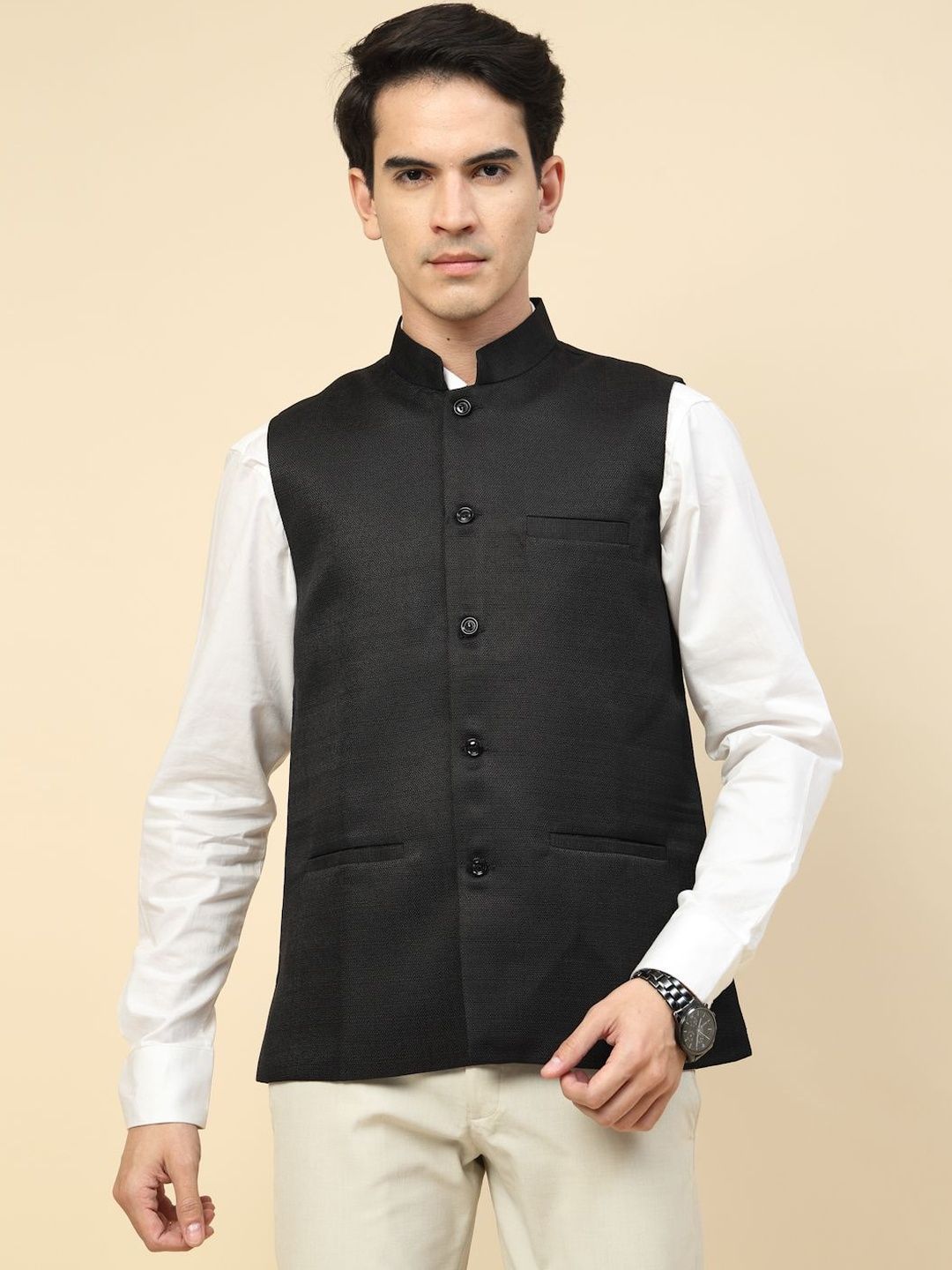 KLOTTHE Mandarin Collar Neck Woven Nehru Jacket-picture-19