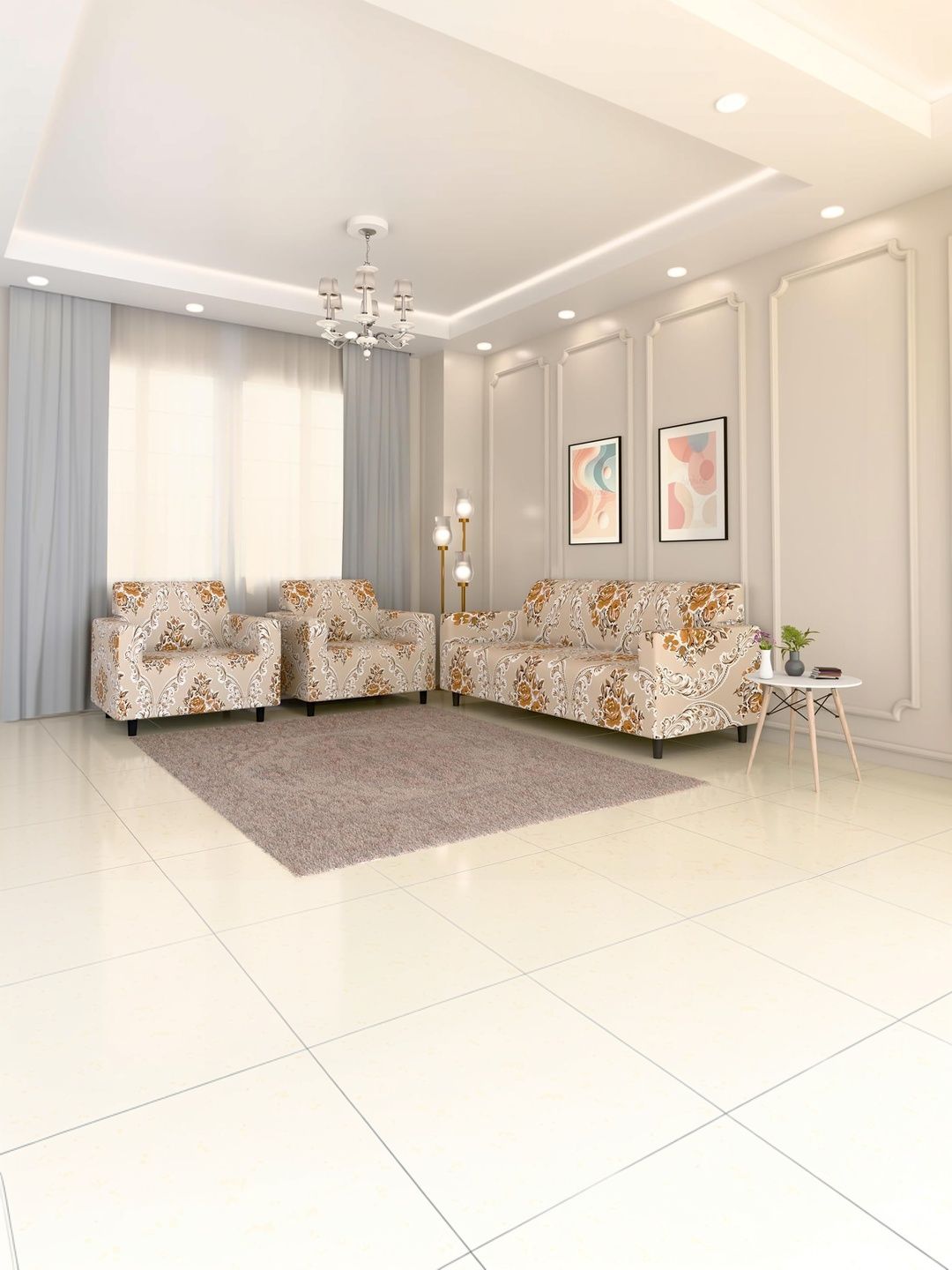 Furshine Multicoloured & Cream-Coloured Printed Polyester 3 Piece Sofa Cover With Arms-picture-11