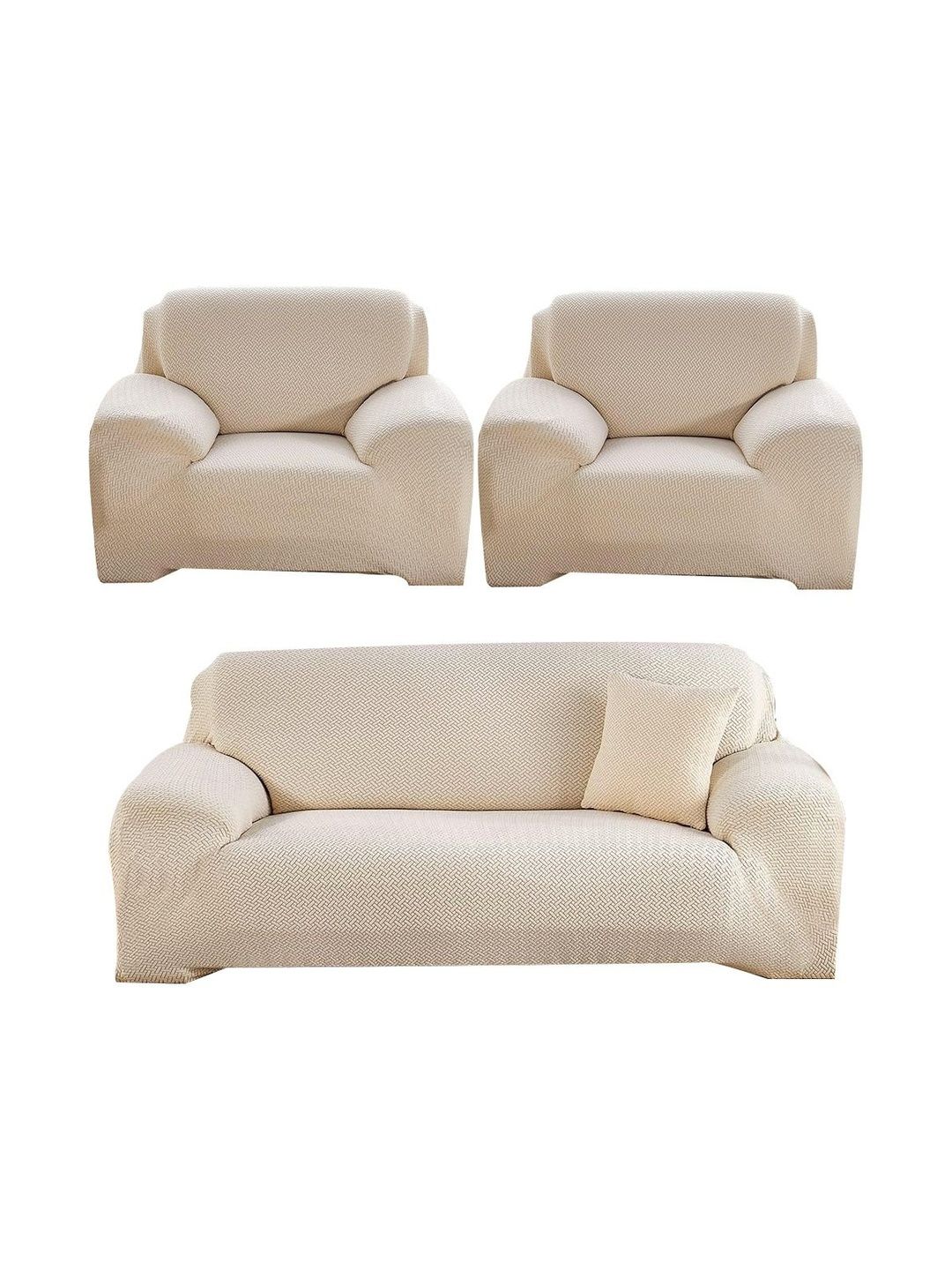 Furshine Cream-Coloured & Cream-Coloured Polyester 3 Piece Sofa Cover With Arms