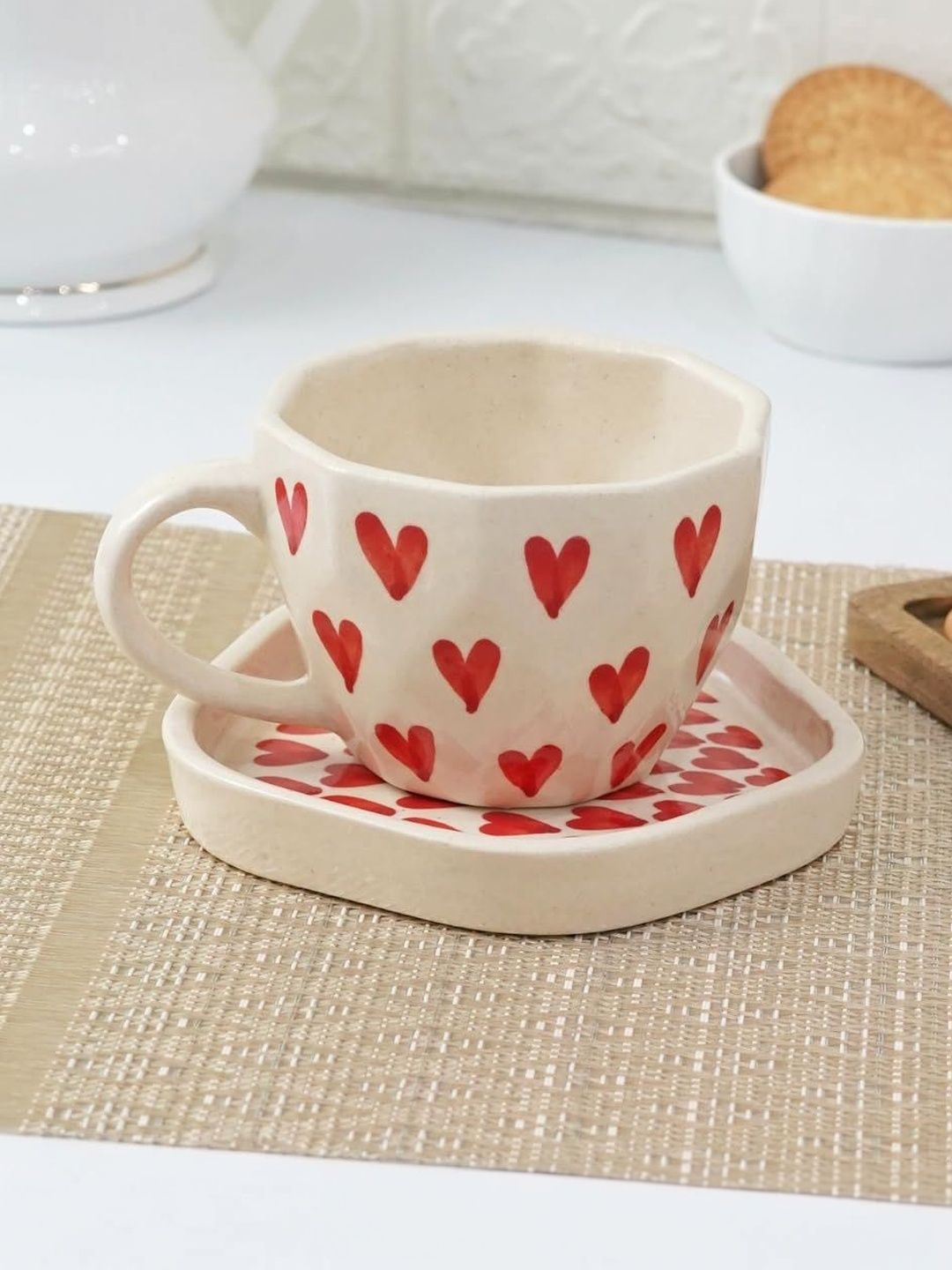 Femora Beige & Red Conversational Ceramic Glossy Core Set of Cups and Mugs-image-47