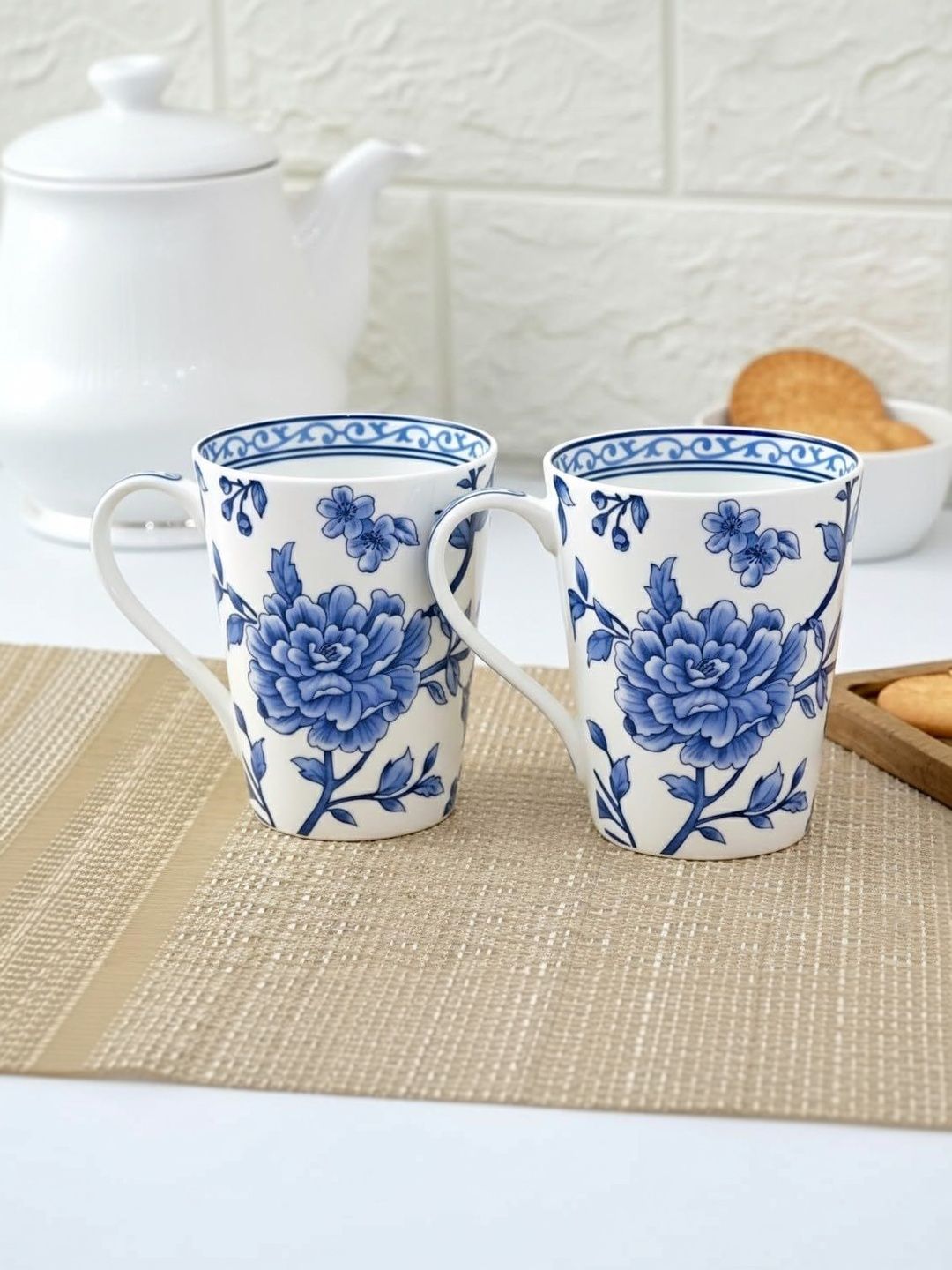 Femora White & Blue Floral Ceramic Glossy Core Set of Cups and Mugs