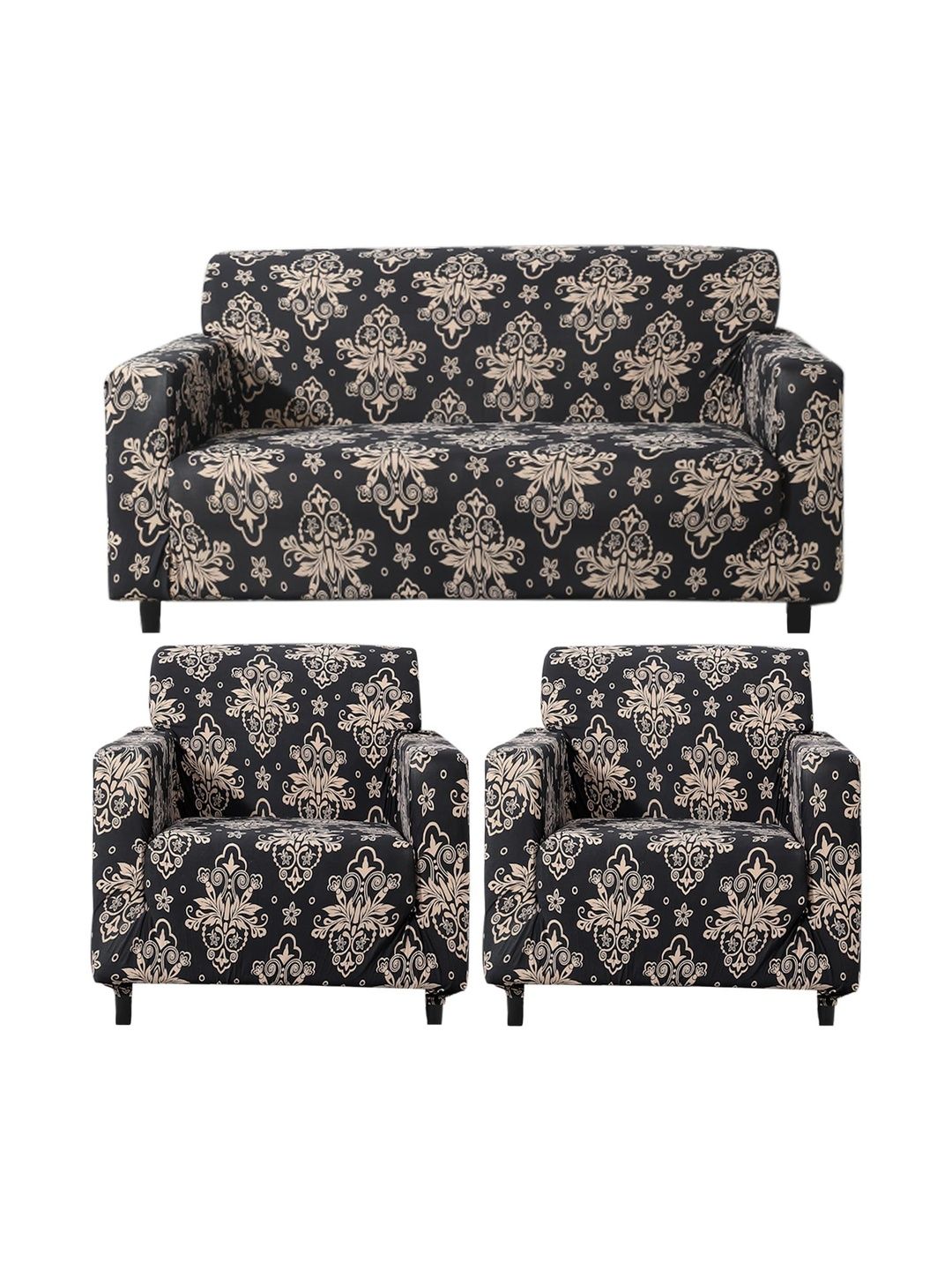 Furshine Black & Black Printed Polyester 3 Piece Sofa Cover With Arms