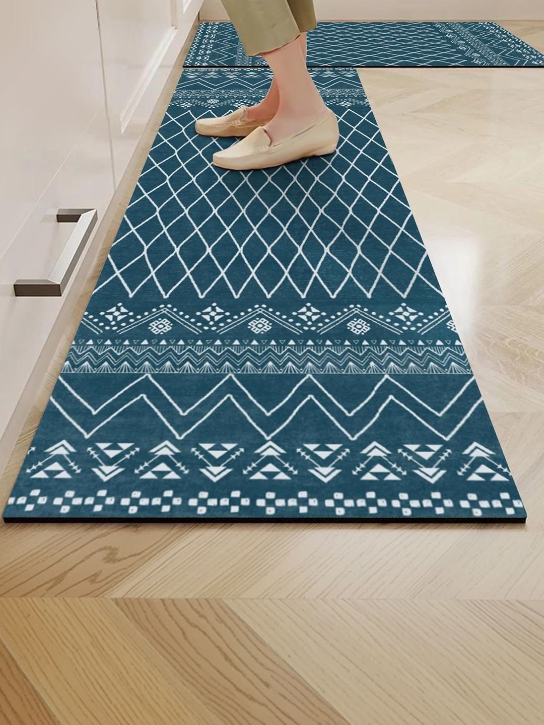Yellow Weaves Teal Blue & White Printed Rubber Anti-Slip 2-Pcs Kitchen Mats-picture-47