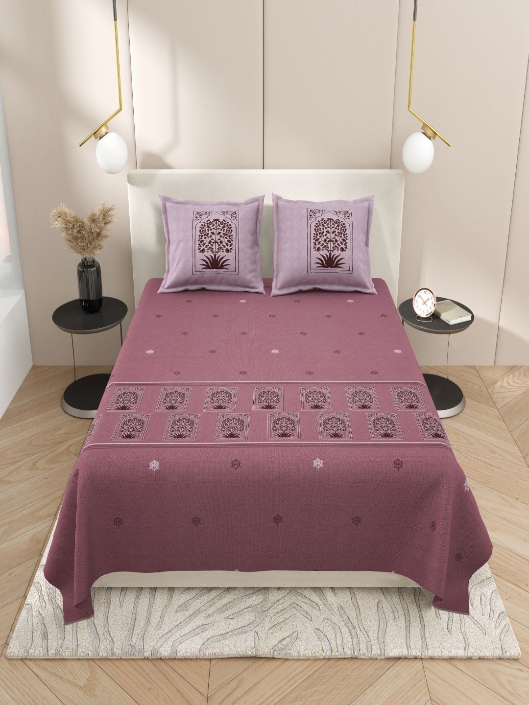 Sangria Pink Self Design Pure Cotton Soft Feel 200 TC King Bedsheets-picture-33