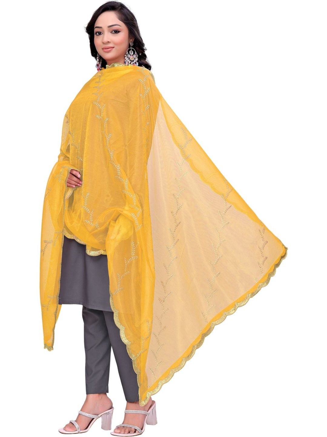 Kemza Embroidered Organza Floral Dupatta with Sequinned-picture-1