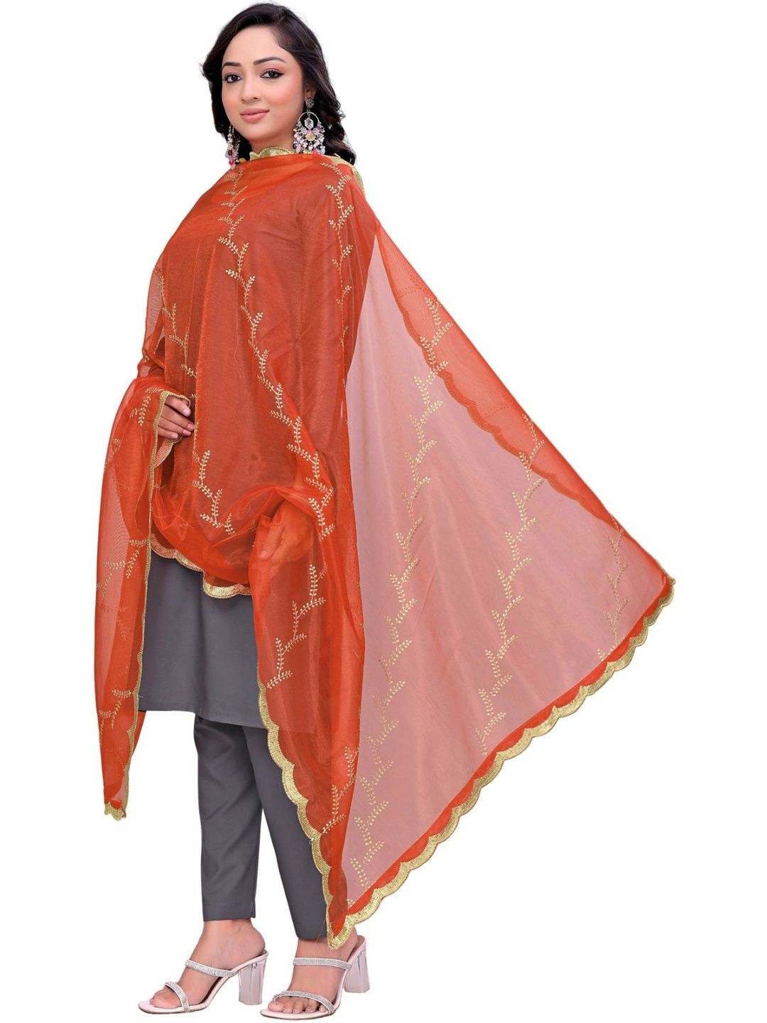 Kemza Embroidered Organza Leheriya Dupatta with Sequinned-picture-5