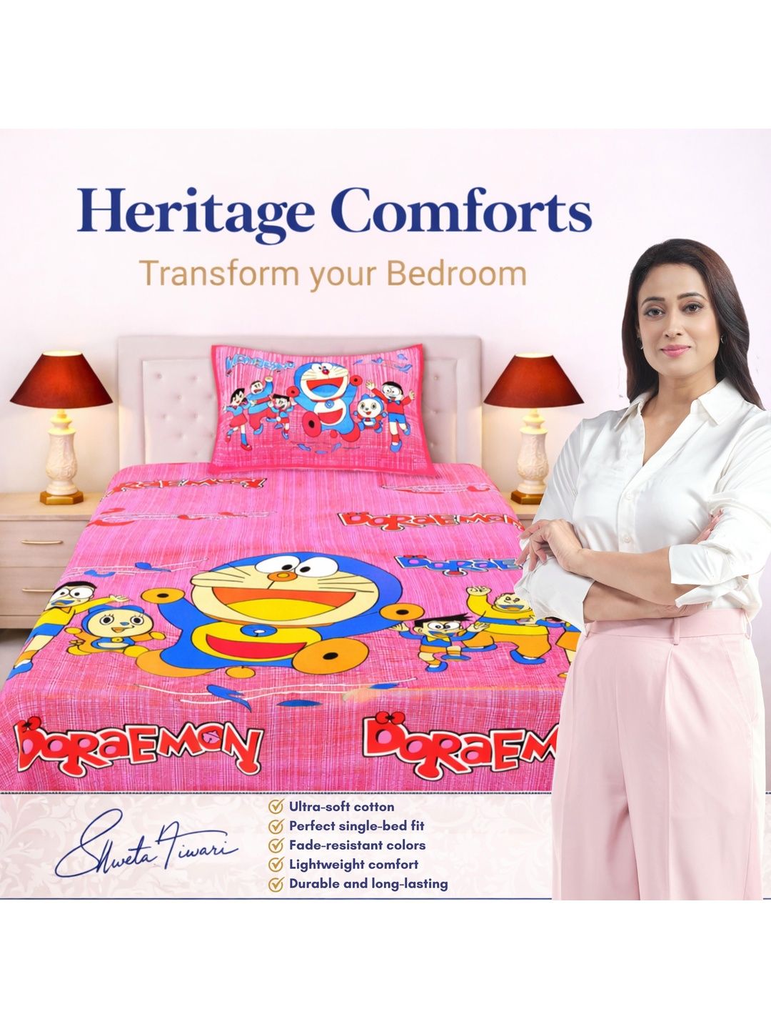 MAGICAL Pink Cartoon Characters 144 TC Single Bedsheet with 1 Pillow Covers-picture-25