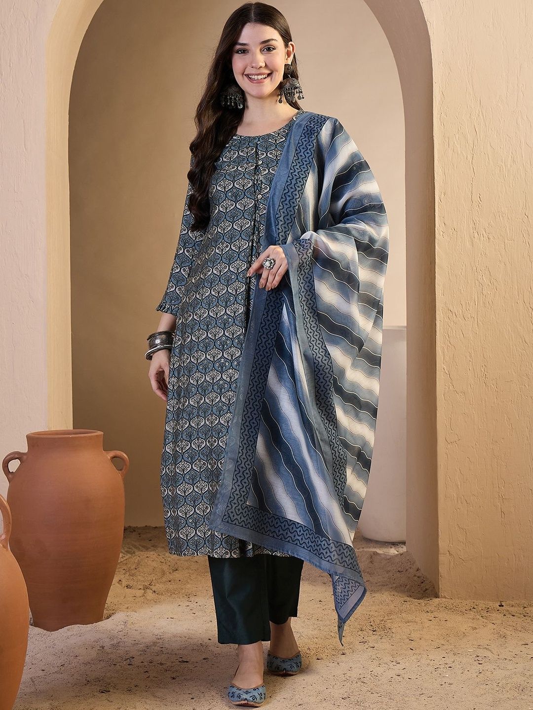 Inddus Women Ethnic Motifs Printed Regular Chanderi Cotton Kurta with Trousers & With Dupatta-picture-10